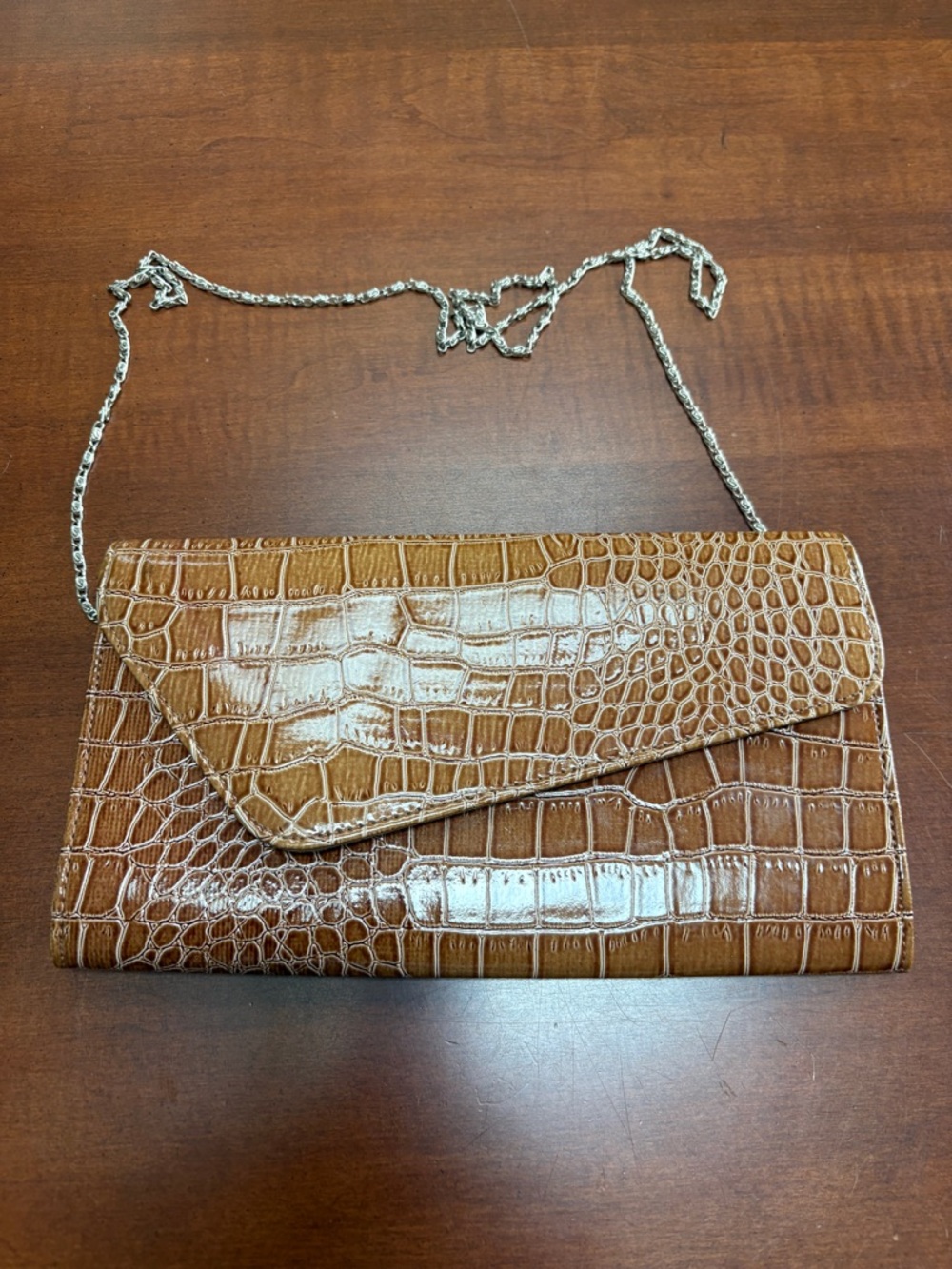 Forever 21 Brown Croc-Embossed Chain Strap Clutch